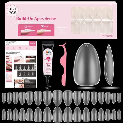 EBANKU Build on Apex Natural Nail Tips, 16 Sizes 160 PCS Short Almond Clear Acrylic Full Cover Press on Nail Tips with Builder Glue, Pre-applied Tip Primer & Base Coat