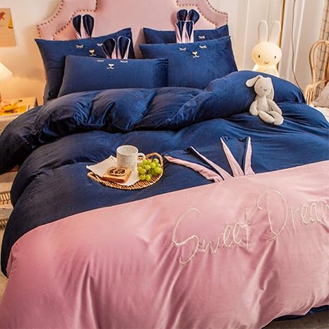 Amazon 両色組合わせ 布団カバー 3点 4点セット ウサギ柄 可愛い ベッドシーツ 厚手 秋冬用 あったか ふわふわ 吸湿通気 毛玉なし 静電防止 ダブル ベッド用 寝室 母の日 ギフト 枕カバー付き ネイビー 寝具カバーセット オンライン通販