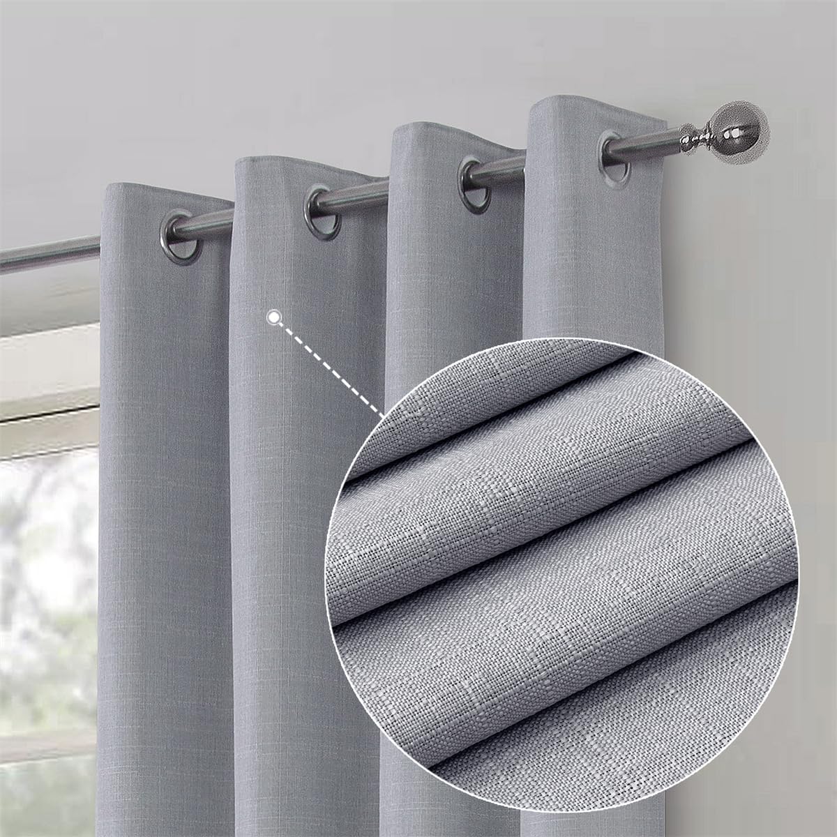 always4u Linen Look 100% Blackout Eyelet Curtains Thermal Energe Saving for Bedroom 1 Pair Noise Reducing Solid Modern Window Treatment for Home Decoration Grey W66*L90