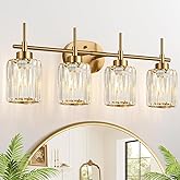 Meybiok Modern Crystal Bathroom Vanity Light, 4-Light Gold Bathroom Light Fixtures Over Mirror, Crystal Vanity Light with Bru