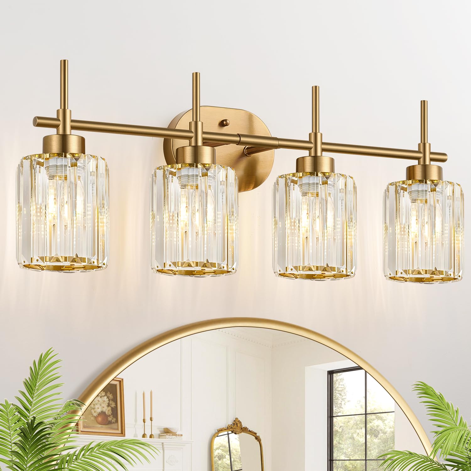 Photo 1 of Meybiok Modern Crystal Bathroom Vanity Light, 4-Light Gold Bathroom Light Fixtures Over Mirror, Crystal Vanity Light with Brushed Gold Finish (Bulbs Not Included)