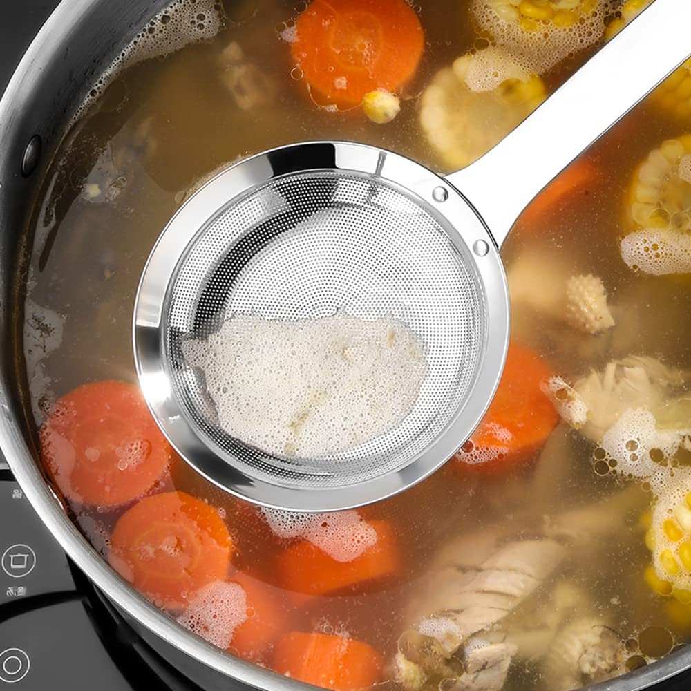 Sieve Fine Mesh Strainer Set Stainless Steel Metal Flat Cooking Skimmer Ladle Colander With Handle Food Strainer Kitchen Tools For Kitchen Baking Oil Filter Flour Sifter Foam,L M Small 3Pack