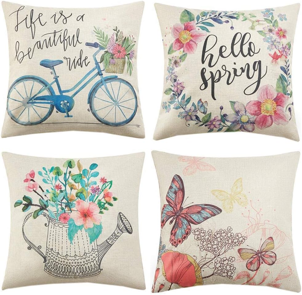 LYNKO Cushion Covers 45 x 45cm,Set of 4 Linen Pillow Covers Spring Decorations Wreath Bicycle Butterfly for Sofa, Outdoor Garden, Bed, Couch, Car(18"x18")