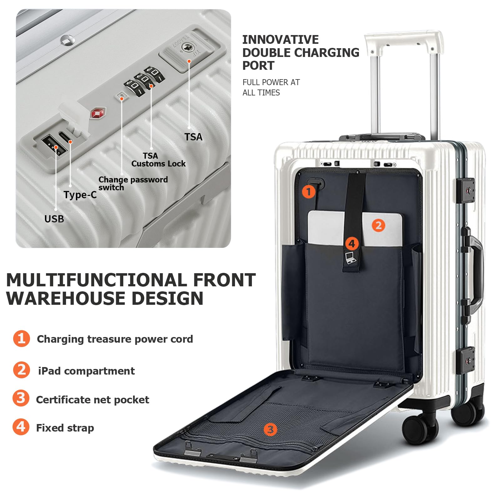 feilario 20in Aluminium Frame PC Hard Shell Spinner Wheels Luggage, Built-In TSA lock Carry on Suitcase, with Cup Holder, USB Port, Phone Holder