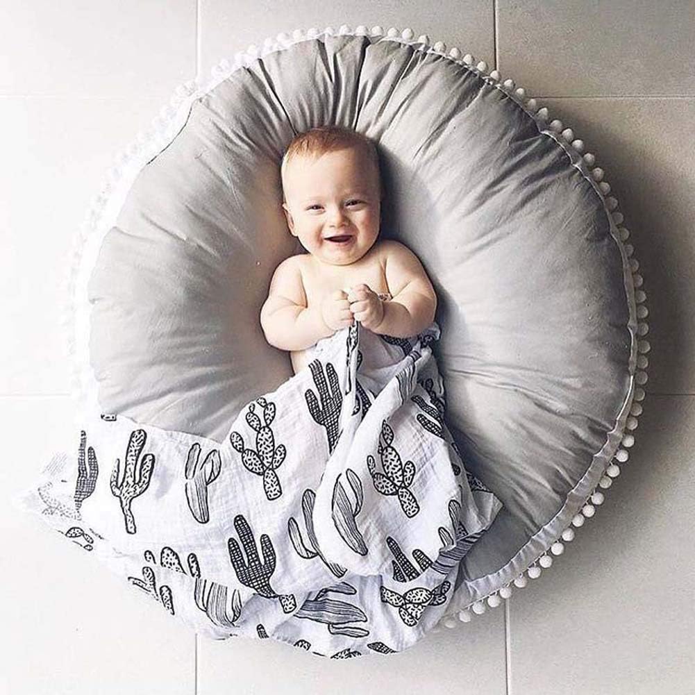 HOUTBY Round Baby Rug Solid Color Cotton Kid Play Mat Soft Comfortable Carpet Baby Room Nursery Teepee Tent Decoration 35.4inch, Gray