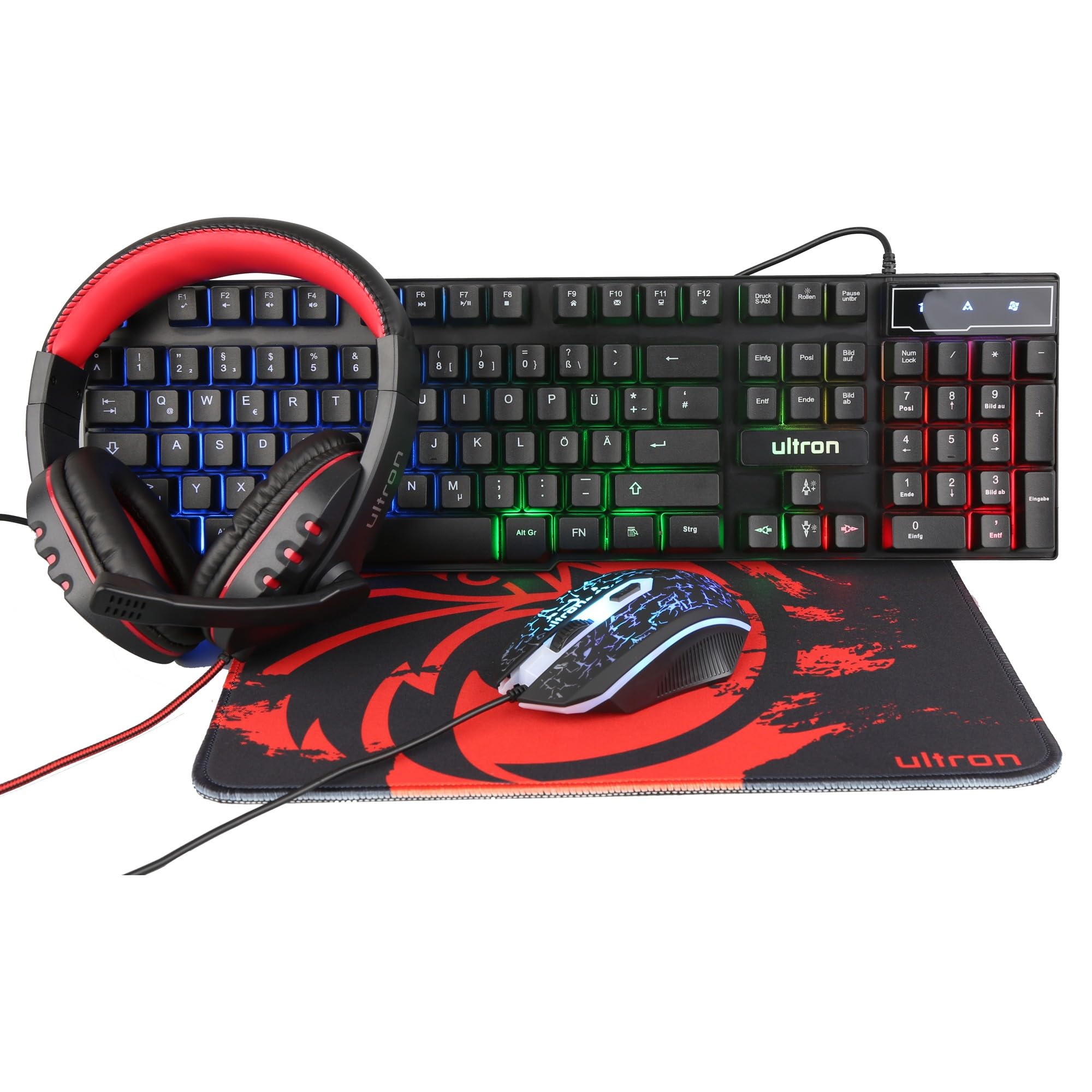 Ultron Hawk Keyboard Mouse Set Gaming 4 in 1 PC Pack Combo - RGB Backlight Keyboard [QWERTZ DE Layout] - Mouse [up to 6400 DPI] - Gaming Headset & Mouse Mat for PC, Xbox, PS4, Black/Red