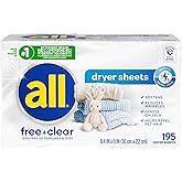 all free clear Fabric Softener Dryer Sheets for Sensitive Skin, 195 Count | Dye free, dermatologist tested, fragrance free, controls static cling, reduces wrinkles, HE compatible