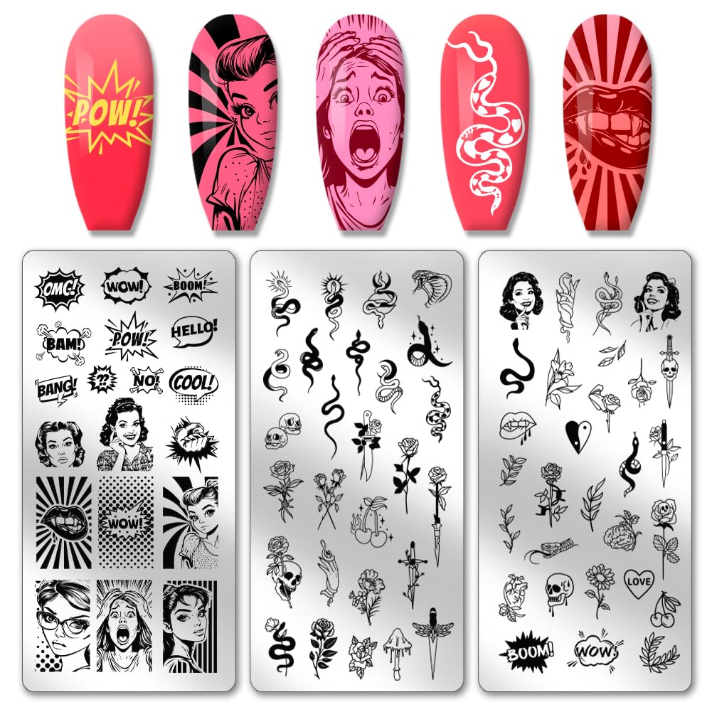 PH PandaHall 3pcs Comic Text Nail Stamping Plates, Retro Avatar Snake Rose Skull Nail Stamper Nails Art Stencils Print Nails Stencils Stainless Steel Nail Image Plates for Manicure Salon Art Design