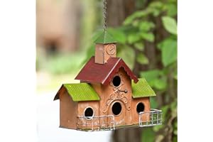 MOCOME Large Bird Houses for Outside Hanging, 4 Hole Outdoor Bird House with Clock Tower, Easy Clear, Metal Bird Houses for Outside with Perches.