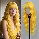 Long Yellow Wavy Wig With Bangs for Women 26 Inch Curly Wavy Wig With Bangs Natural Looking Synthetic Heat Resistant Fiber Wig for Daily Party Use