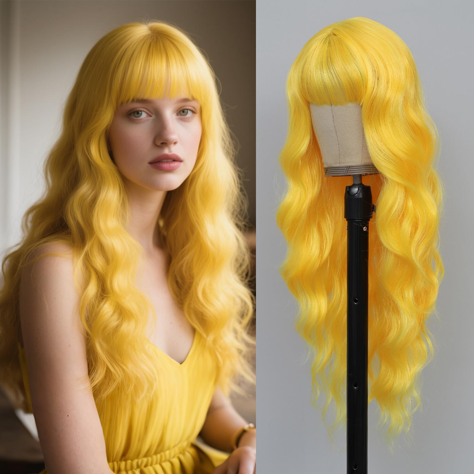 Photo 1 of Long Yellow Wavy Wig With Bangs for Women 26 Inch Curly Wavy Wig 