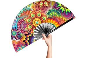 OMyTea Large Bamboo Rave Festival Folding Hand Fan for Men/Women - Chinese Japanese Handheld Fan with Fabric Case - for Electronic Dance Music Party, Performance, Decorations, Gift (Fantasy Flowers)