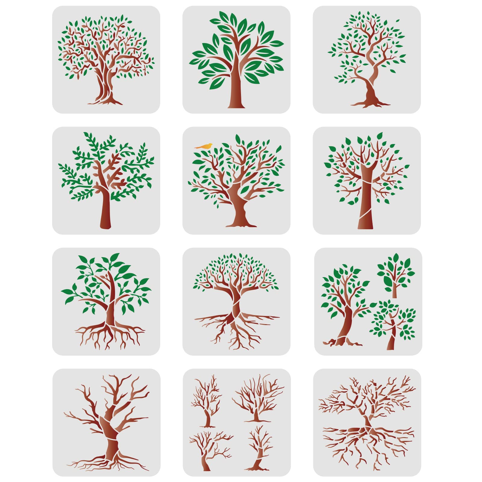 FINGERINSPIRE 12 Pcs Tree Stencil 20x20cm Branches Stencils Plastic Trees Branches Pattern Stencils Reusable Tree of Life Stencil for Painting on Wood Floor Wall Window