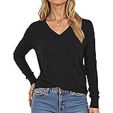 Buauty Womens Fashion V Neck Long Sleeve Knitted Ribbed Pullover Sweaters Casual Lightweight Loose Fit Jumper Tops