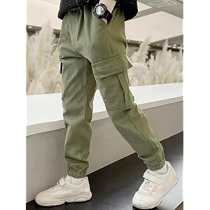 Teen Boys Cargo Jogger Pants, Elastic Waist Casual Multi‑Pocket Tapered Jogging Trousers for Kids and Teens
