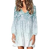 domirica Floral Dress for Women Lantern Sleeve V Neck Plus Size Smocked Swing Flowy Ruffle Fashion Casual Holiday Midi Dress