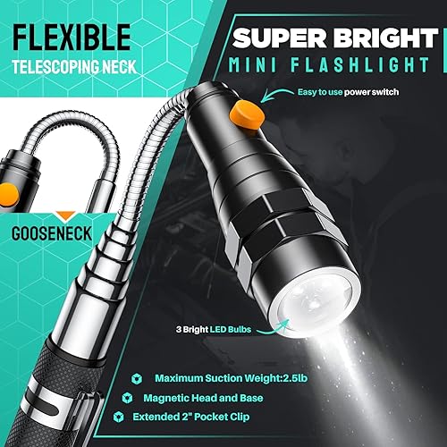 Telescoping Magnetic Pickup Tool Set With LED Light & Inspection Mirror - Extendable, 360° Swivel, For Mechanics, DIY, Finding Dropped Bolts & Parts