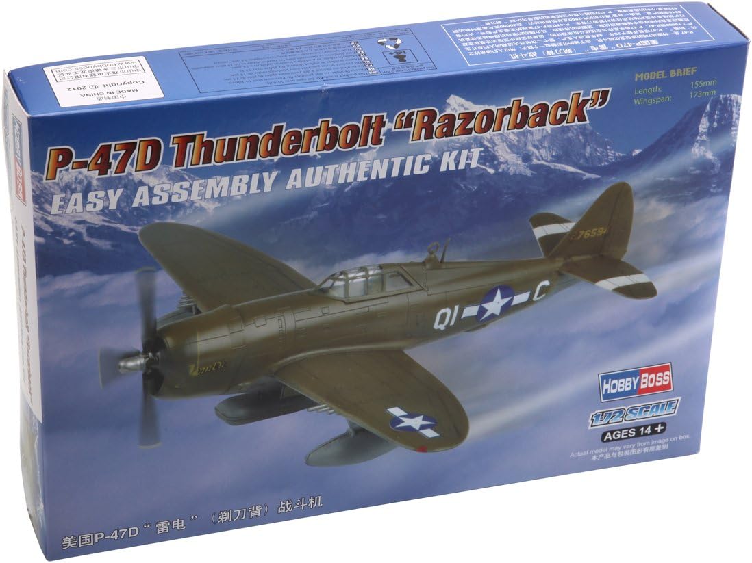 Hobbyboss 1:72 Scale P-47D Thunderbolt Razorback Diecast Model Kit, Green, Brown, Gray, Small