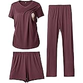 Rnxrbb 3 Piece Women's Maternity Nursing Pajamas Set V Neck Breastfeeding Pjs Sleepwear Postpartum Shorts&Pants Pockets