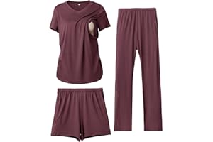 Rnxrbb 3 Piece Women's Maternity Nursing Pajamas Set V Neck Breastfeeding Pjs Sleepwear Postpartum Shorts&Pants Pockets