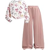 Floerns Girl's 2 Piece Cute Outfits Bowknot Graphic Crewneck Sweatshirts with Wide Leg Sweatpants Sets