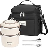 Voova Stackable Stainless Steel Thermal Lunch Box with Lunch Bag for Women Men Adult, 2 Tier Leakproof & Microwave Safe Insulated Bento Boxes Food Container for Work, Black