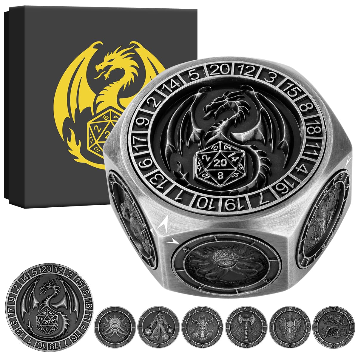 LULLEA Metal D20 Spinner Dice – Fantasy Polyhedral Dice for Tabletop RPG, Mythical Gaming Accessory and Gift for Gamers and Dungeon Masters, Silver with Gift Box