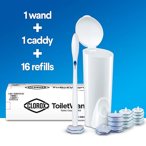 CLOROX TOILETWAND DISPOSABLE TOILET CLEANING SYSTEM – TOILETWAND, STORAGE CADDY AND 16 DISINFECTING REFILL HEADS