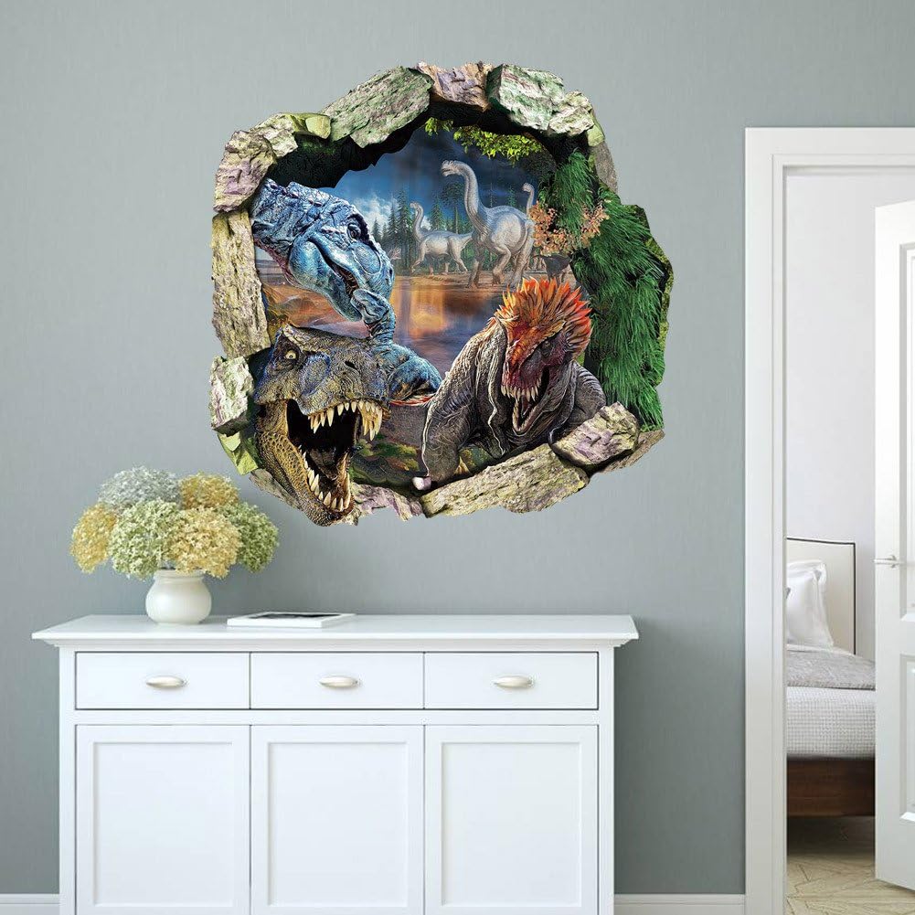 Wall Decor Stickers 3D Dinosaur Removable Wall Art Easy Stick&Peel Break The Wall Dinosaur Decals for Kids Boys Girls,19.7 X 19.7 Inch