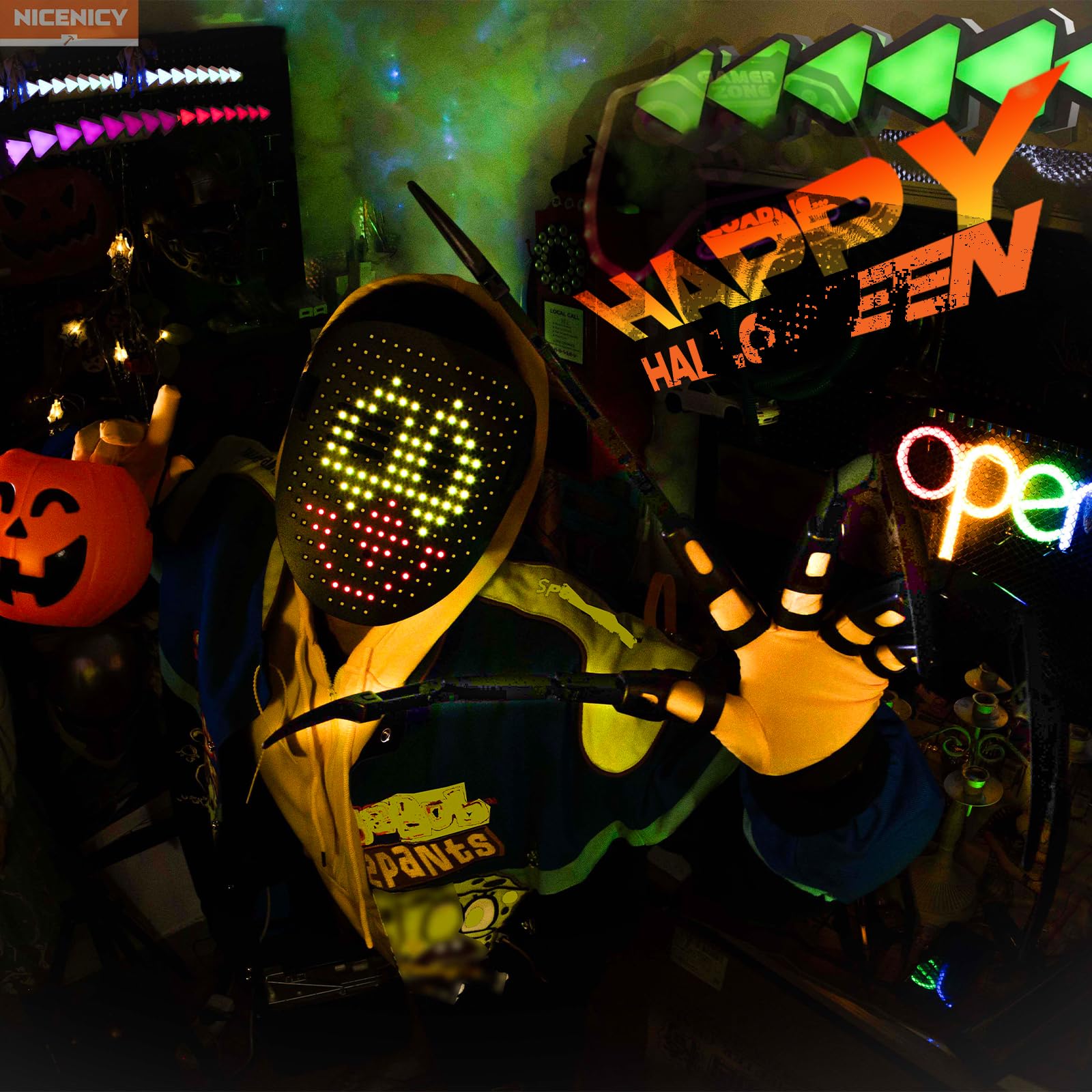 NICENICY New Articulated Finger Extensions With Protective Glove, Halloween Fingers With Fingernails, Long Claw With Gloves, Scary and Flexible Skeleton Claws Hands (Black+Black Nail)