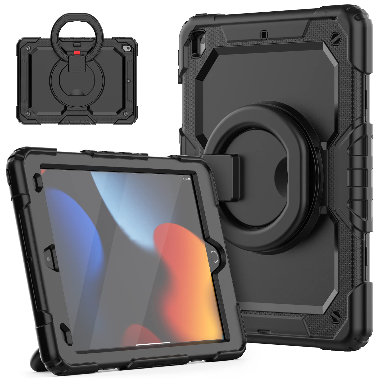 HUEZOE Case for iPad 10.2 Inch, Model 2021/2020/2019 Shockproof Full Body Protective Cover with 360 Degree Rotating Stand Shoulder Strap for iPad 9/8/7, Black