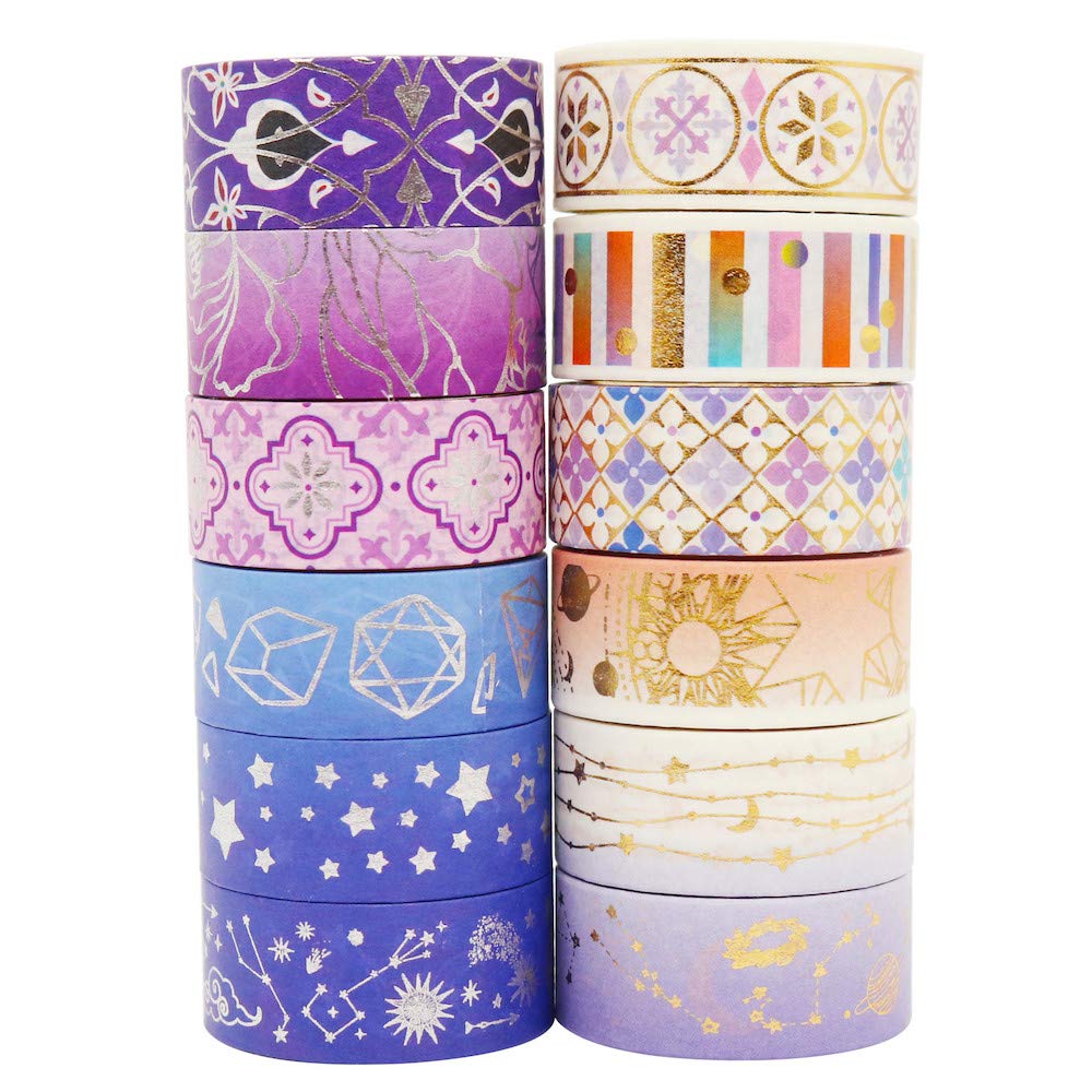 YUBBAEX Poetic Gold Washi Tape Set VSCO Floral Silver Foil Masking Tape Decorative for Arts, DIY Crafts, Bullet Journal Supplies, Planners, Scrapbook, Card/Gift Wrapping -15mm- (Purple Night 12 Rolls): Industrial & Scientific