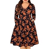 CARCOS Plus Size Dresses for Curvy Women Crew/Vneck Long Sleeve Dresses Ladies Knee Long Fall Winter Dress with Pocket XL-5XL