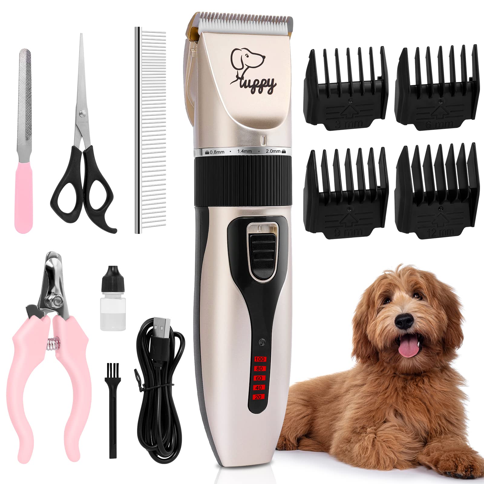 VSSHE Dog Clippers, 12 Pack 3 Speeds Professional Dog Grooming Clippers Kit, Low Noise Rechargeable Cordless Dog Grooming Kit, Hair Trimmer for Dogs, Cats and Other Animals