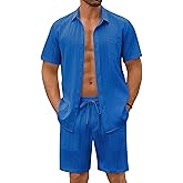 COOFANDY Mens Beach Outfits 2 Piece Sets Casual Short Sleeve Button Down Summer Textured Shirt