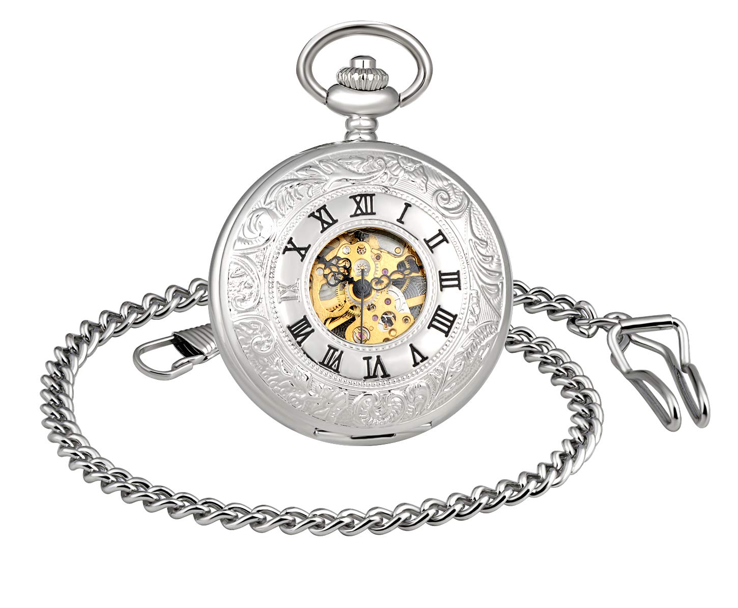 MICGIGI-Unisex Pocket Watch Mechanical Hand-Wind Double Cover Analogue Skeleton Pocket Fob Watches with Chain