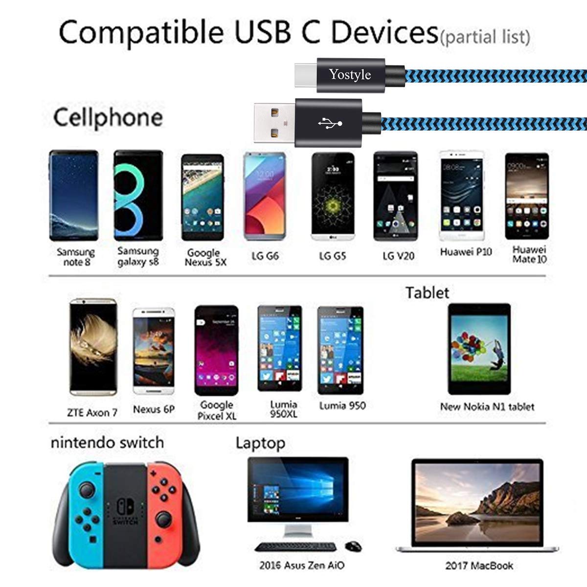 USB-C Cable, Type C Fast Charge High Speed Sync Nylon Braided Cable for Samsung Galaxy S9/S8+, Note 8, Nintendo Switch, Sony Xperia XZ, Google Pixel, HTC 10/U11, OnePlus 5T, Huawei P9 [2 Pack/2M]