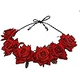 Floral Fall Rose Red Rose Flower Crown Woodland Hair Wreath Festival Headband F-67 (3-Red)