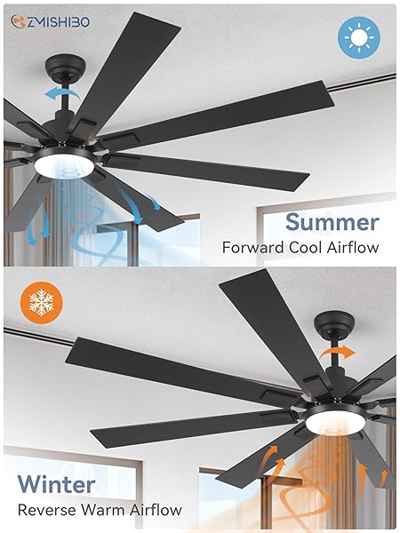 ZMISHIBO 72 INCH LARGE CEILING FANS WITH LIGHTS AND REMOTE, INDOOR/OUTDOOR BLACK MODERN CEILING FAN FOR KITCHEN LIVING ROOM PATIO, 6 SPEED REVERSIBLE QUIET DC MOTOR, 3 CCT, DUAL FINISH 8 BLADES
