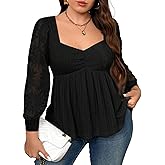 AlvaQ Womens Plus Size Tops Casual Lace Long Sleeve Sweetheart Neck Peplum Ruched Babydoll Shirts Blouse