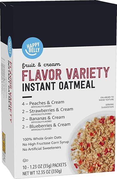 AMAZON BRAND – HAPPY BELLY INSTANT OATMEAL, FRUIT & CREAM VARIETY PACK, 1.23 OUNCE (PACK OF 10)