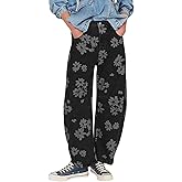 loveimgs Women Y2k Distressed Barrel Jeans Baggy Wide Leg Jeans Floral Printed Boyfriend Patchwork Denim Pants
