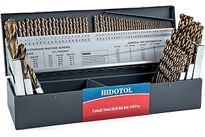 HIDOTOL 115PCS Cobalt Drill Bit Set M35 HSS for Hardened Steel Fractional 1/16"-1/2", Letter A - Z, Wire #1 - #60 with Indexed Metal Case