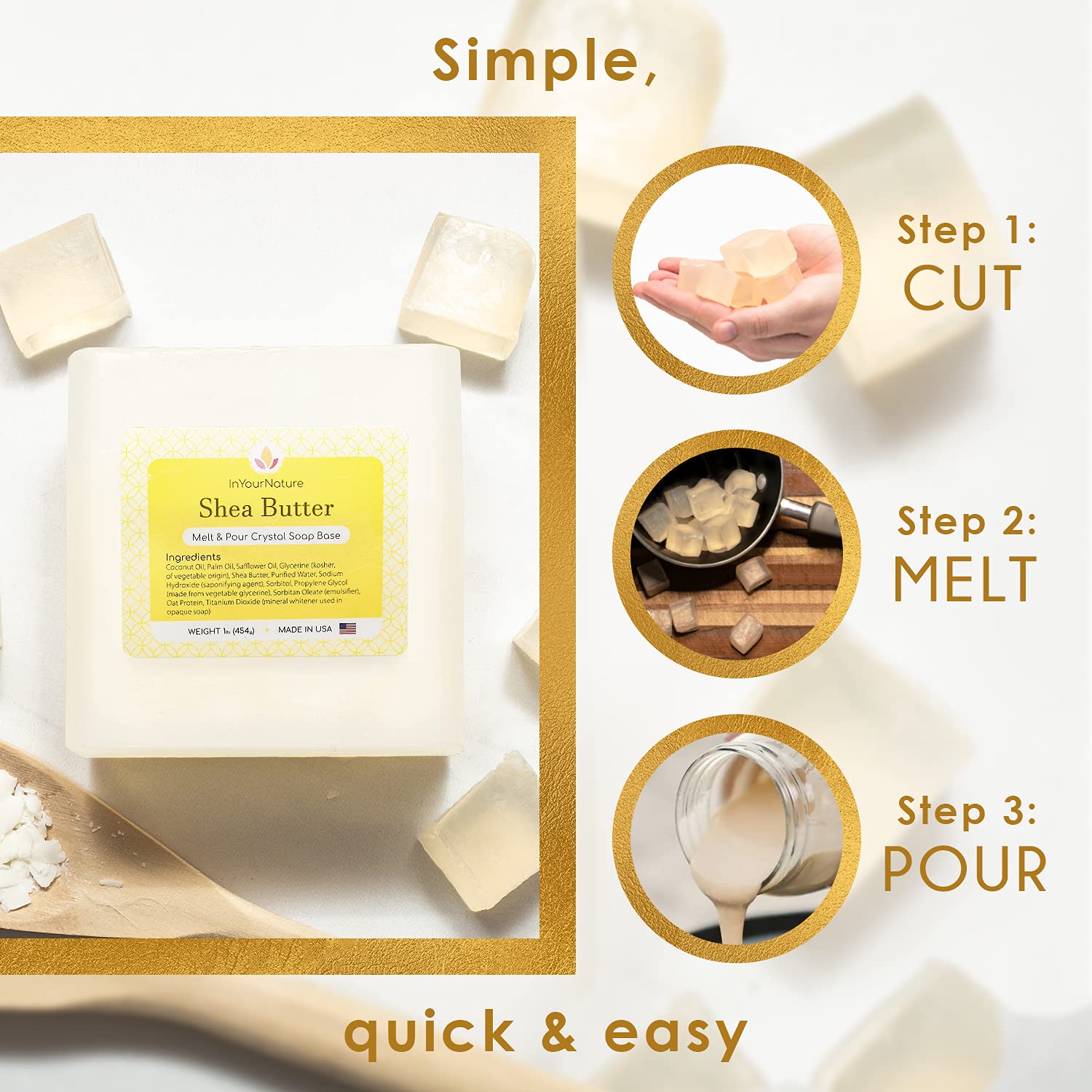 InYourNature Shea Butter Soap Base Melt and Pour 2 LB Organic Shea Soap Base Kit with Natural Ingredients, DIY Homemade Soap Making Supplies, Vegan All-Natural Shea Easy to Use Soap Bar, Made in USA: Beauty