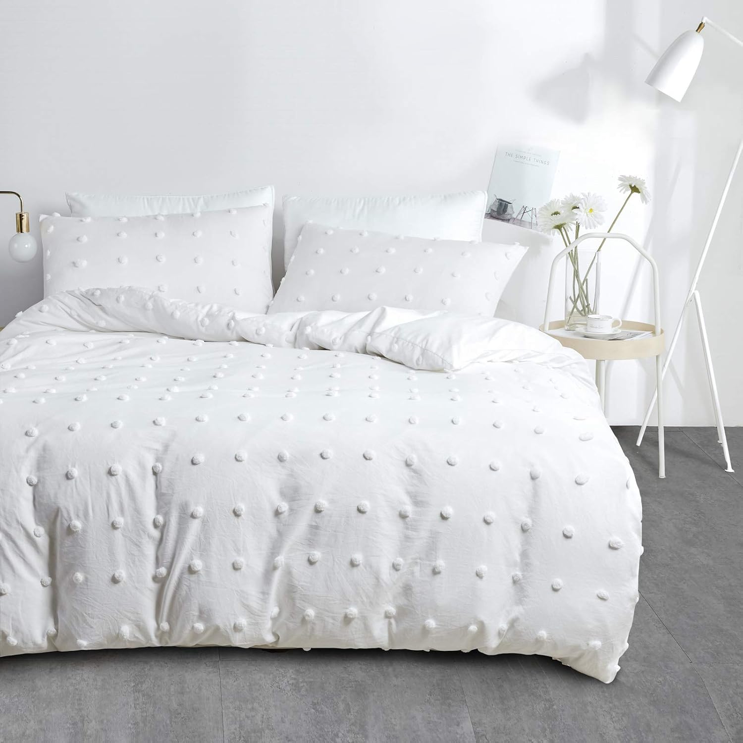JHCHMX White Single Duvet Cover With Dot Pom Pom,3 Pieces Solid Color