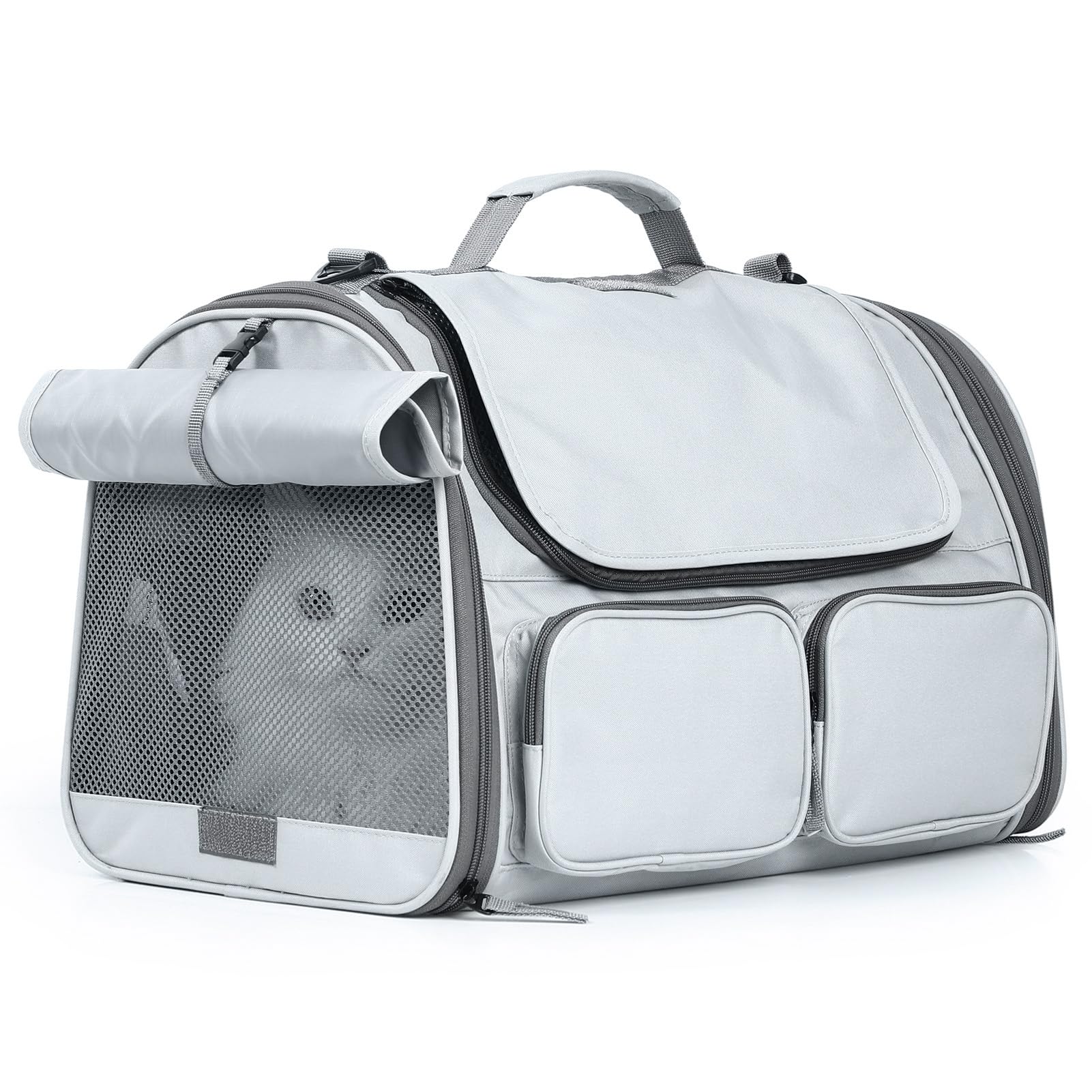 FUKUMARU Cat Carrier, Soft-Sided Small Dog Carrier, Large Cat Travel Bag with 4 Mesh Windows, Airline Approved Pet Carrier with 4 Storage Pockets, Rollable Cover for Nervous Pets, Grey