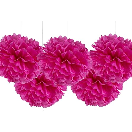 16” Fuchsia Tissue Paper Flower Pom Poms Hanging Party Decorations, Pack of 5