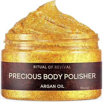 Amazon Com Zeitun Shimmering Exfoliating Body Scrub With Gold Body Glitter Ritual Of Revival Argan Oil Dead Sea Salt Brown Sugar Cellulite Exfoliator Organic Body Scrub For