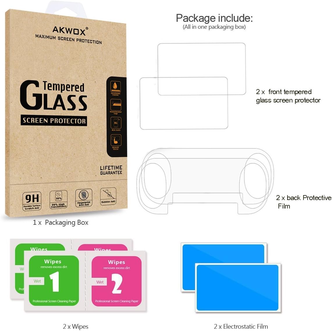 AKWOX (4-Pack) 2 Front+2 Back Covers Screen Protectors for Sony Playstation Vita 2000, 9H Tempered Glass Front Screen Protector and HD Clear PET Back Screen Protective Film for PS Vita PSV 2000