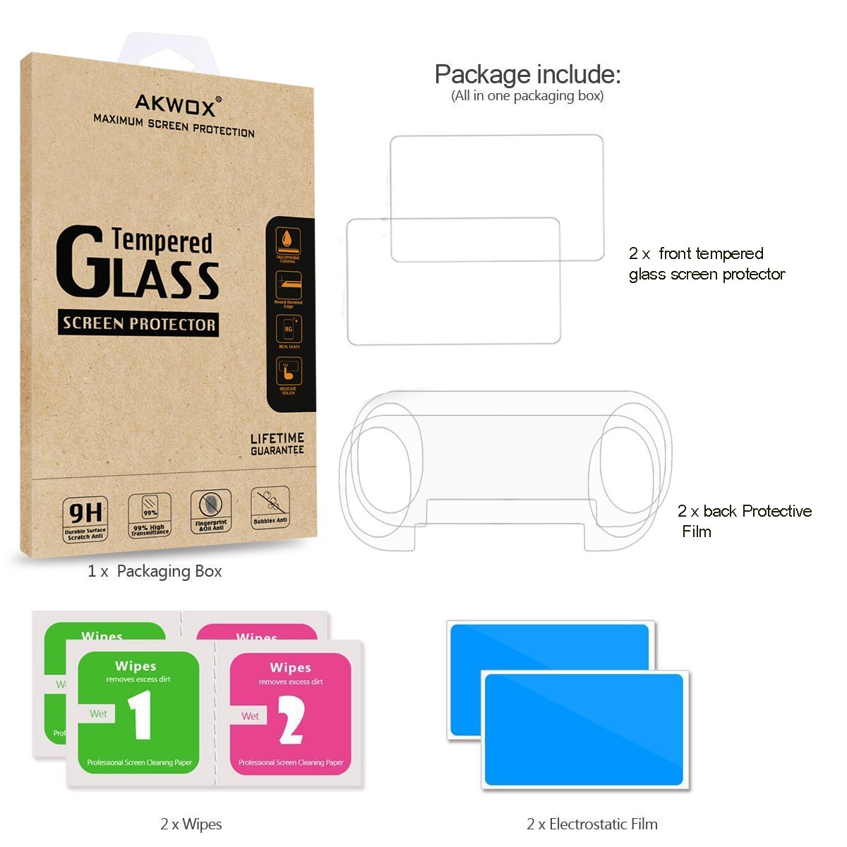 AKWOX 2 Front+2 Back Covers Screen Protectors Compatible with Sony PlayStation Vita 2000, 9H Tempered Glass Front and HD Clear PET Back Film